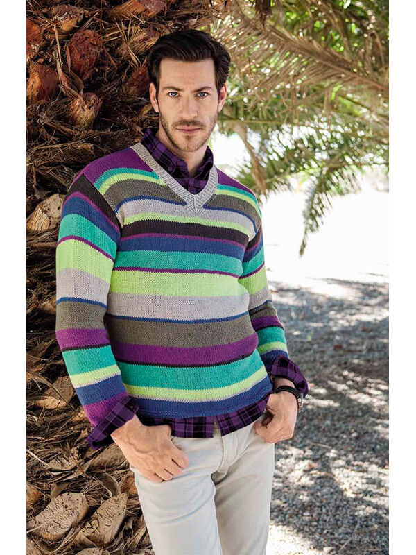 Lana Grossa MEN'S STRIPED V-NECK SWEATER Elastico