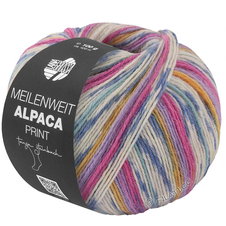 Lana Grossa MEILENWEIT 6-FACH 150g Alpaca Print | 1109-fuchsia/purple/purple/saffron yellow/white/gray blue/jeans